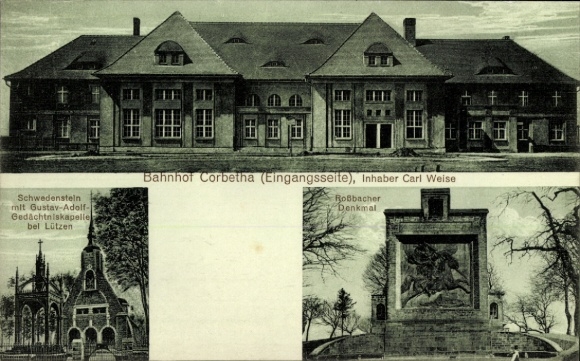 Postcard Corbetha Korbetha Schkopau in Saalekreis, train station, Schwedenstein, chapel, monument