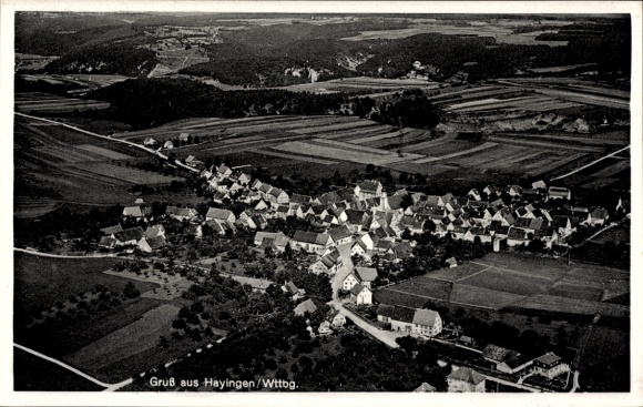 Ak Hayingen auf der Schwäbischen Alb, Luftaufnahme von  Landkartenmuster, Fotografie, Gruß aus