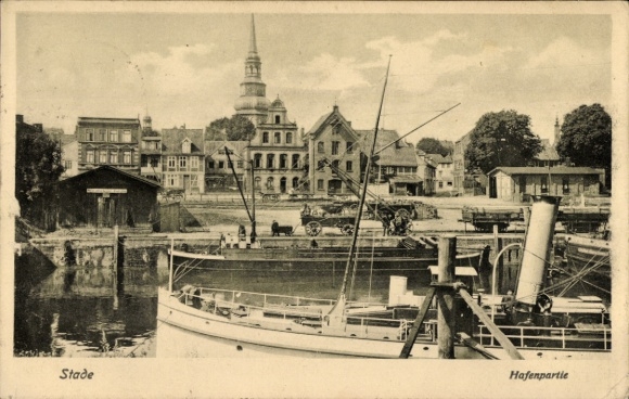Postcard Stade in Lower Saxony, harbor section, ships, buildings, church