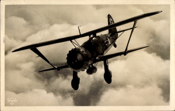 Postcard Henschel Hs 123, dive bomber single-seater launches attack, Luftwaffe, WWII