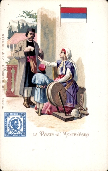 Postage stamps Chromo-Litho The post office in Montenegro, postman, spinning wheel, woman in traditional costume