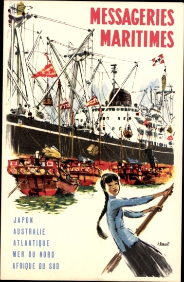 Kunstenaar Ak Messageries Maritimes, Japan, Australië, Atlantische Oceaan, Passagiersschepen in Azië