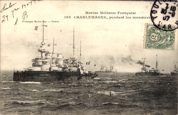 Postcard Toulon Var, French warship CHARLEMAGNE, Navy, maneuvers