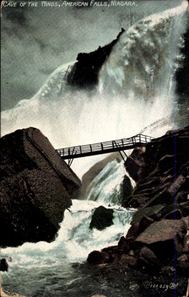 Postcard Niagara Falls New York USA, Cave of the Winds, American Falls, Niagara, Waterfalls, Bridge