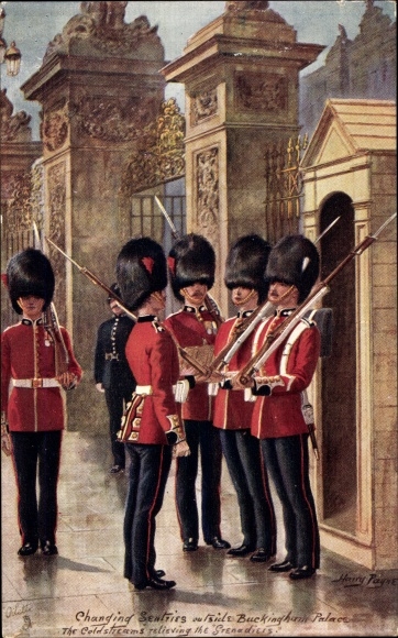 Artist Postcard Payne, Harry, Coldstream Guards changing Sentries outside Buckingham Palace, Tuck