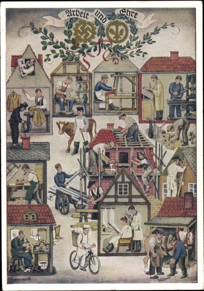 Künstler Ak Reichshandwerkertag 1936, Arbeit und Ehre, Friseur, Bäcker, Töpfer, Schornsteinfeger
