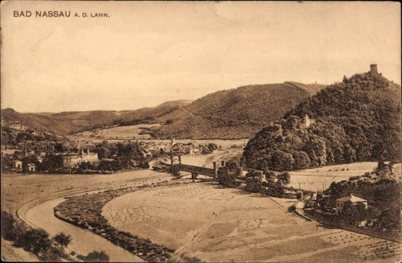 Postcard Bad Nassau an der Lahn, Bad Nassau AD Lahn, river landscape, hills, castle ruins