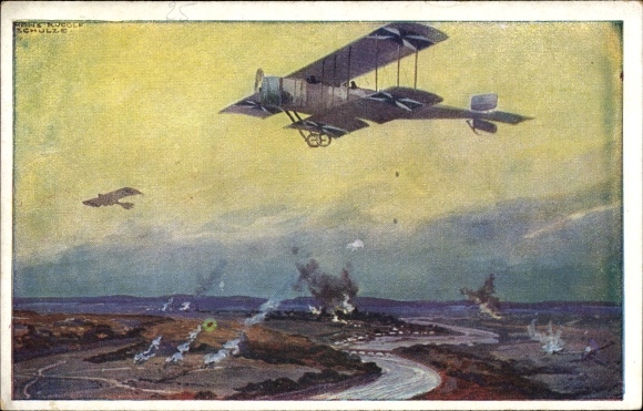 Artist PC Schulze, Hans Rudolf, military biplane on reconnaissance flight on the Marne, I. WW