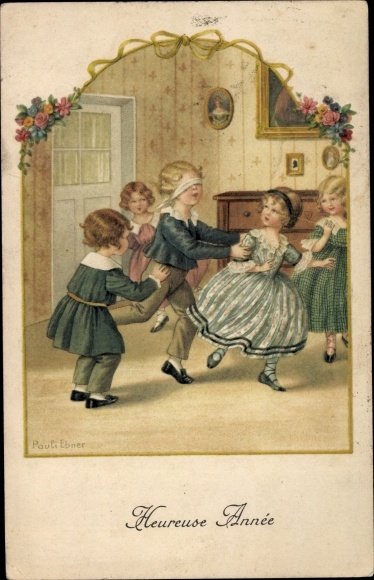 Kunstenaar litho Ebner, Pauli, Heureuse Année, Gelukkig Nieuwjaar, kinderen, blindemannetje