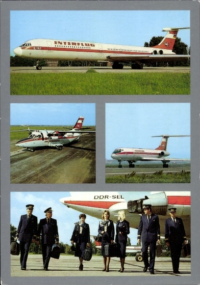 Postcard German passenger aircraft Ilyushin IL 62, Interflug, GDR SEL, pilots, stewardess