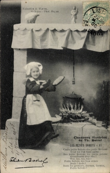 Postcard Les Chansons de Botrel illustrées, Les Petits Sabots, girls, wooden shoes, fireplace