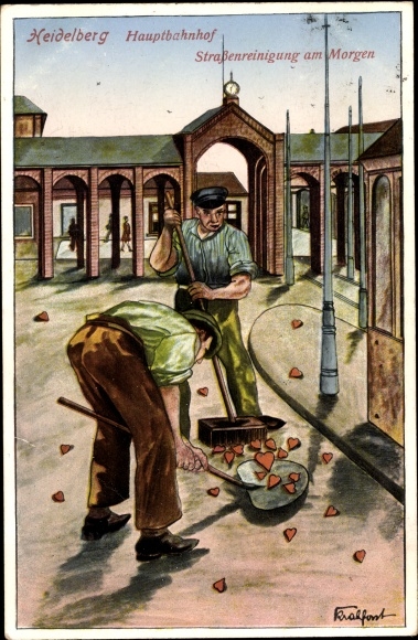 Artist PC Heidelberg am Neckar, main station, street cleaning in the morning