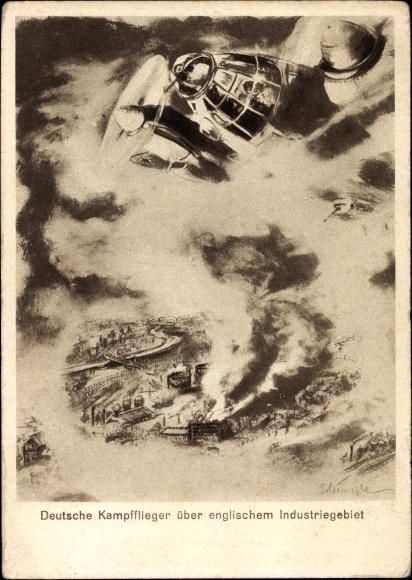 Artist PC Schimpke, German fighter pilots over an English industrial area, II WWII, Heinkel He 111