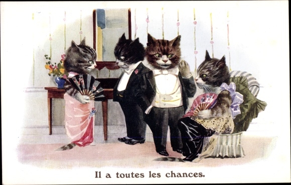 Artist Ak, cat, suit, dress, fan, Il a toutes les Chances