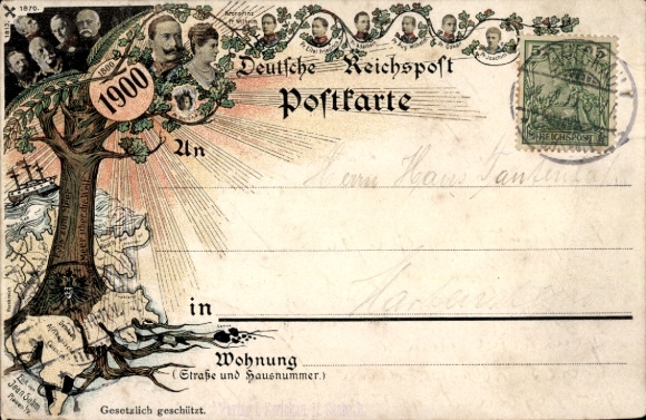 Chromo-Litho Wilhelm II, Wilhelm I, Friedrich II, Bismarck, Moltke, Blücher, anniversary 1900