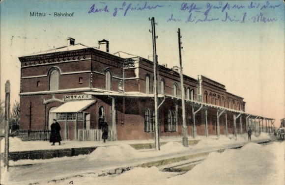 Ak Jelgava Mitau Letland, treinstation, spoorzijde, winter
