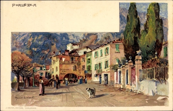 Artist Chromo-Litho Wielandt, Manuel, Porlezza Lombardia, street section in town