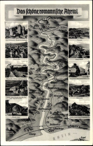 Maps Postcard Altenahr im Ahrtal, Bad Neuenahr Ahrweiler, course of the rivers Ahr and Rhine