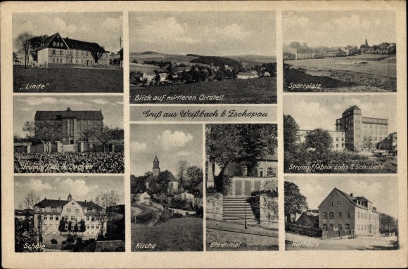 Postcard Weißbach Amtsberg in the Ore Mountains, Heim Linde, church, memorial, town hall, school, stocking factory