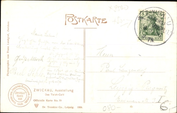 Ansichtkaart Zwickau Saksen, commerciële en industriële tentoonstelling 1906, The Pond Café, voorbijgangers