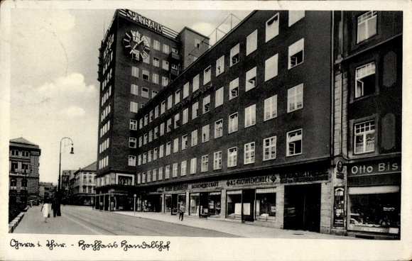 Postcard Auerbach im Vogtland, SPARBANK building, Otto Bist, shops, swastika, architecture