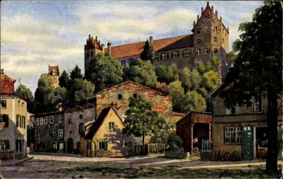 Artist Postcard Marschall, V., Füssen in the Swabian district of Ostallgäu, At the city wall