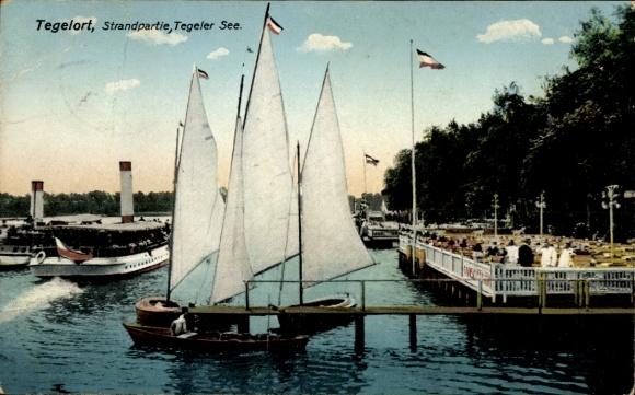 Postcard Berlin Reinickendorf Konradshöhe Tegelort, beach party, Tegeler See