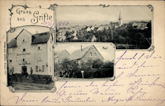 Postcard Grifte Edermünde in Hessen, general view, restaurant Zum 100 Mark, post office