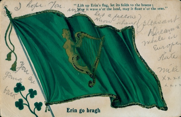 Tłoczona pocztówka Irlandia, Erin go bragh, Podnieś flagę Erin, flagę Irlandii