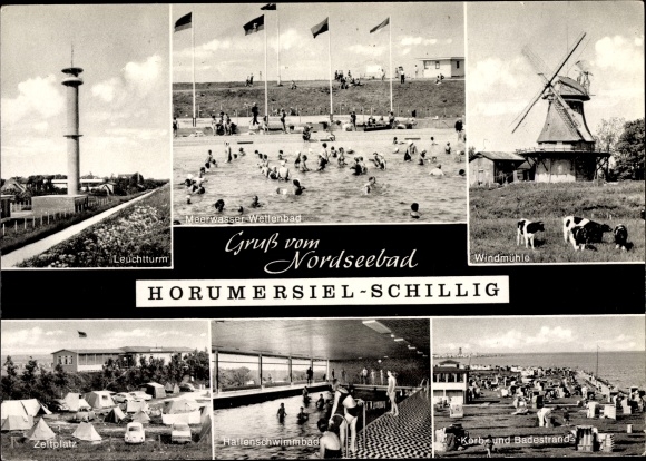Postcard Horumersiel Schillig Wangerland Friesland, lighthouse, windmill, baths, campsite, beach