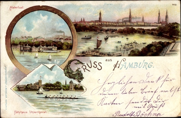 litho Hamburg Mitte Altstadt, Alsterbekken, Lombardsbrücke, Alsterlust, Fährhaus Uhlenhorst