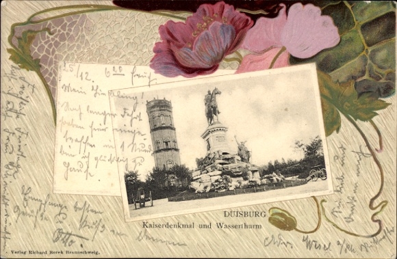 Embossed Passepartout Postcard Duisburg in the Ruhr area, Kaiserdenkmal and water tower