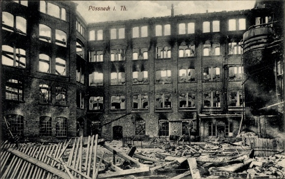 Ak Pößneck, Brand-Ruinen der Textilfabriken Siegel & Schütze, 1912