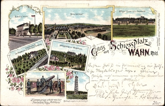 Chromo-Litho Wahn Cologne, shooting range, barracks camp, train station, observation tower at Gängel