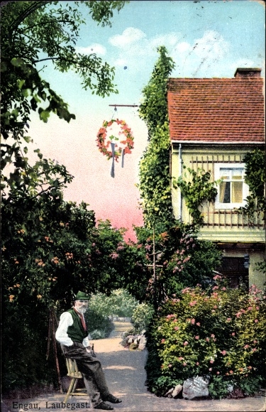Ansichtkaart Dresden Laubegast Engau, man bij de ingang van de tuin, rozenboog