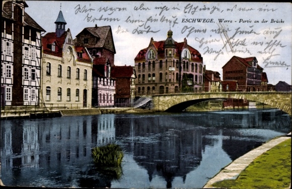 KP Eschwege na Werra Hesse, widok na rzekę, most, stare budynki, krajobraz, woda, widok na miasto