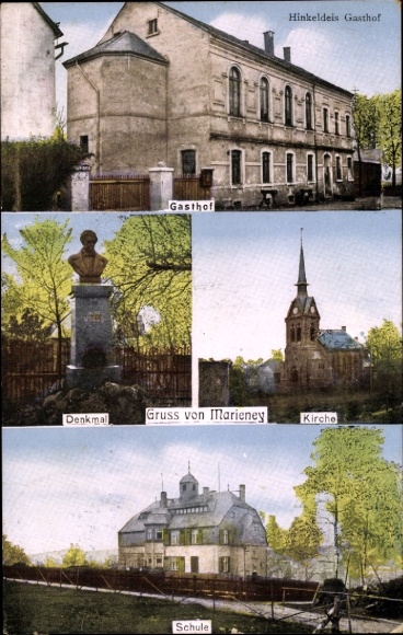 Postcard Marieney Mühlental in Vogtland, Hinkeldeis Inn, monument, church, school