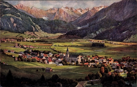 Artist PC Marschall, V., Bad Hindelang in Oberallgäu, view of the town with mountains, church