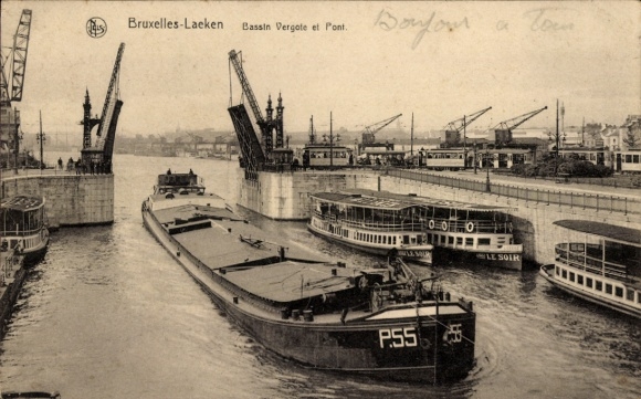 Ak Laeken Bruxelles Brüssel, Bassin Vergote, Zugbrücke, Lastkahn, Ausflugsboote