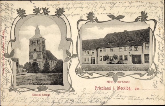 Postcard Friedland in Mecklenburg, Hotel zur Sonne, Nicolai Church