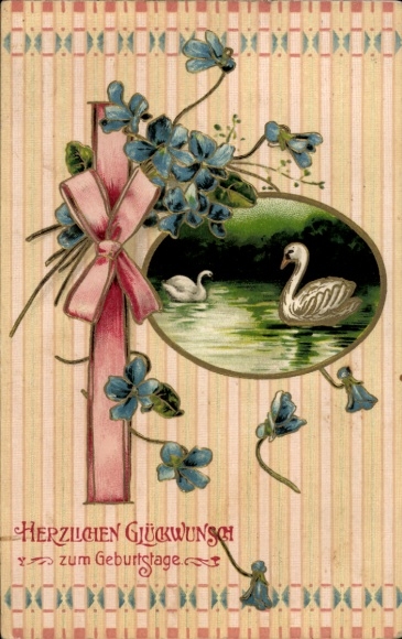 Passepartout Embossed Chromo-Litho Happy Birthday, Swans, Violets