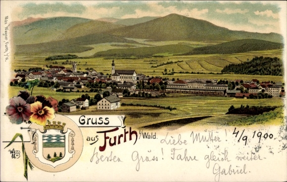 Litho Furth im Wald Oberpfalz Bayern, Gesamtansicht, Wappen