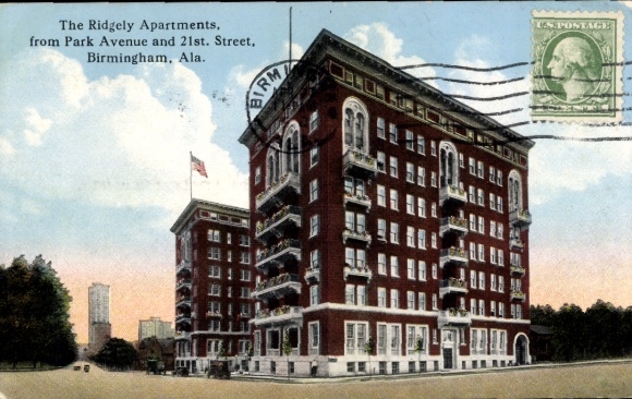 Ansichtkaart Birmingham Alabama USA, The Ridgely Apartments, Park Avenue, Amerikaanse postzegel, Historische A...