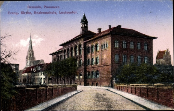 Ak Demmin in West-Pommeren, Ev. Kerk, jongensschool, Louisentor