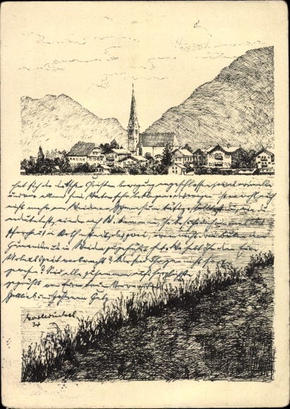 Widok z pocztówki artysty, Karl, Rottach Egern w Górnej Bawarii, widok lokalny, widok malarza, nad jeziorem Tegernsee