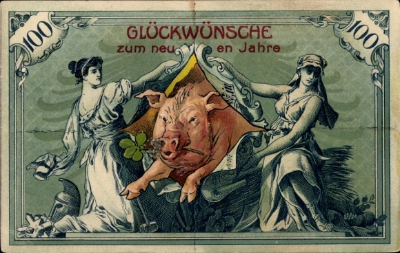 Chromo-Litho birthday greeting, pig jumping through a banknote