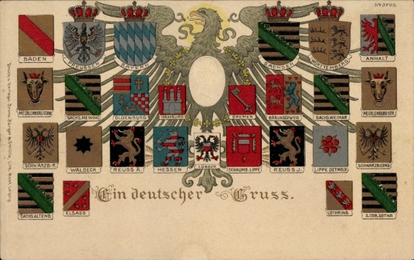 Embossed coat of arms PC A German greeting, Kaiser Wilhelm II, Anhalt, Saxony, Hamburg, Bavaria