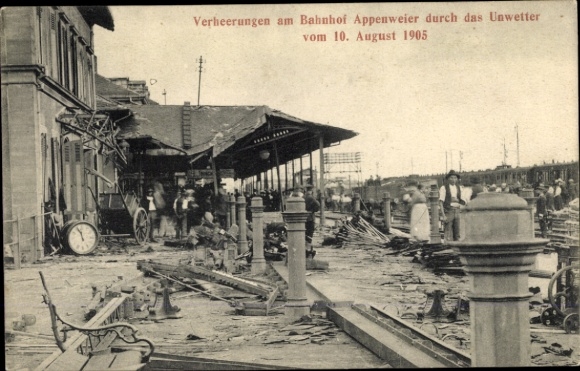Ak Appenweier in Baden Schwarzwald, Verheerungen, Bahnhof, Unwetter 1905
