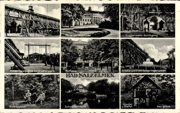 Postcard Salzelmen Schönebeck on the Elbe, Victoriaquelle, graduation tower, parking garage, Lindenbad with Solturm