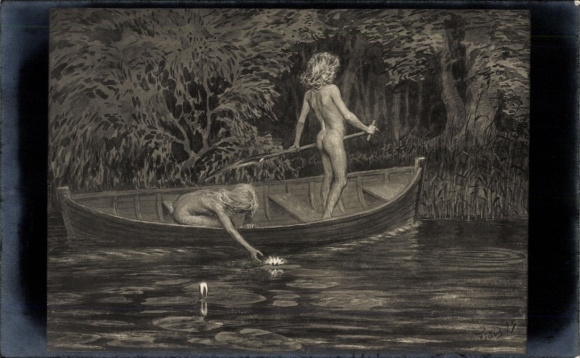 Art Nouveau artist PC Fidus, water lilies, children, boat